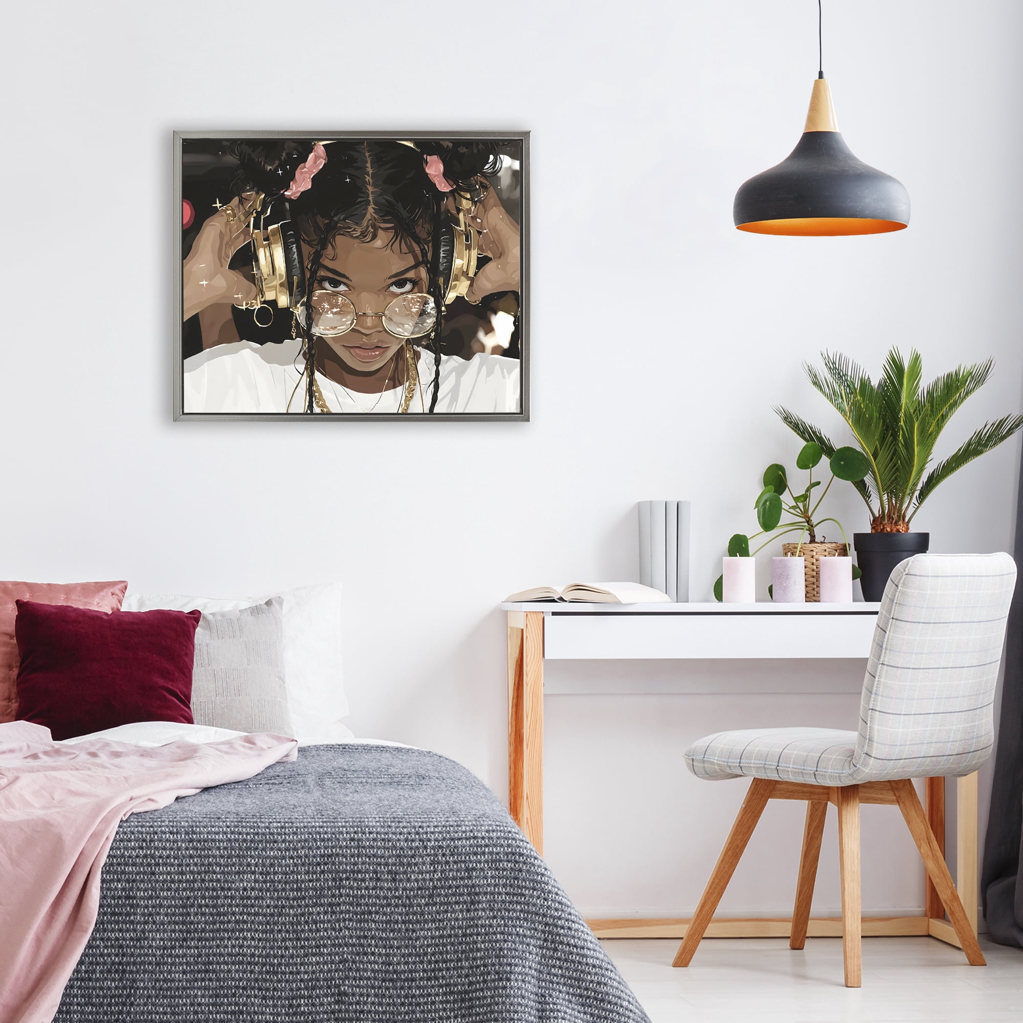 Stupell Industries Trendy Girl with Gold Headphones Gray Framed Floater Canvas Wall Art, design by Franklyn Gregory