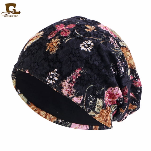 Bonnets Bombers Pliables en Maille Rafraîchissante pour Femmes Imprimé Floral Fait Main Coton Chimiothérapie Perte de Cheveux Rose