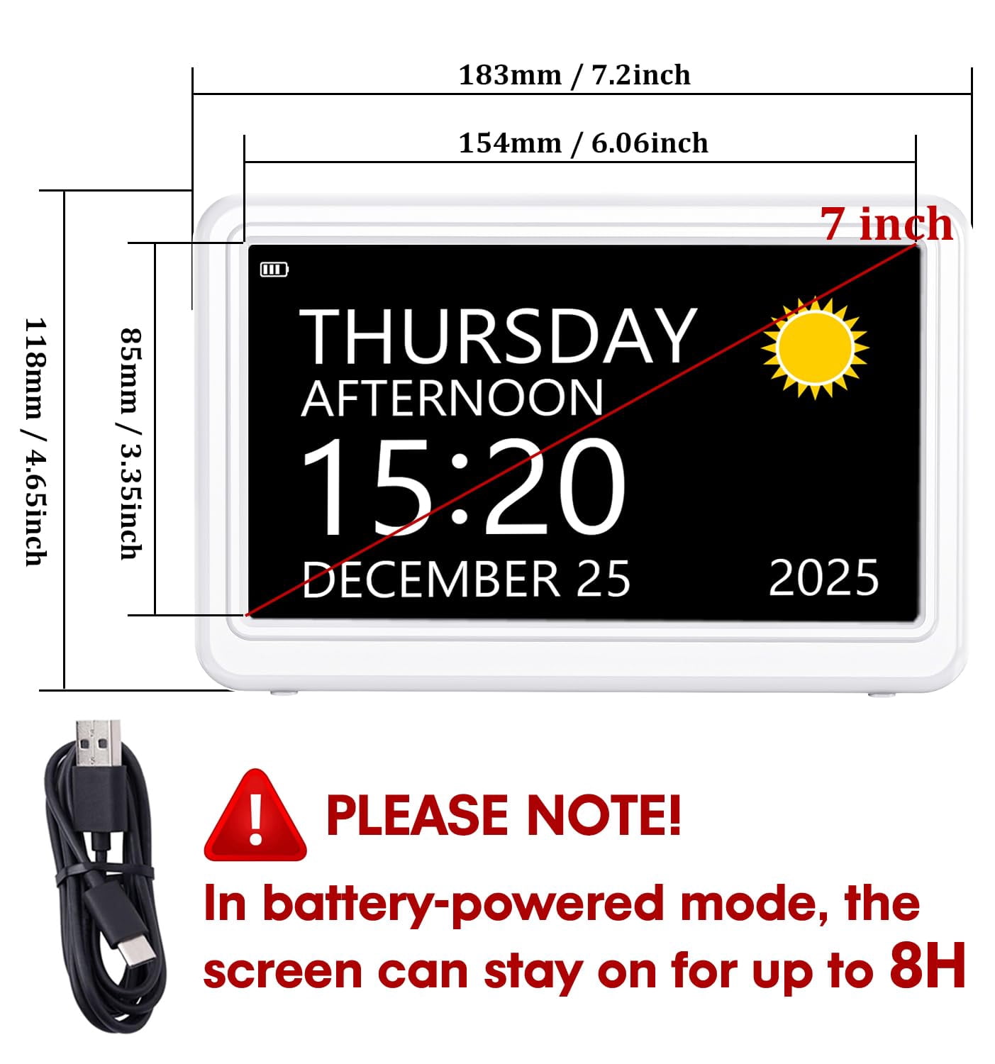 Digital Clock With Date And Day Of Week  Dementia Clocks Operated Alarm 20 Alarms Reminders 7" Large Display Desk For White (with Rechargeable Battery)