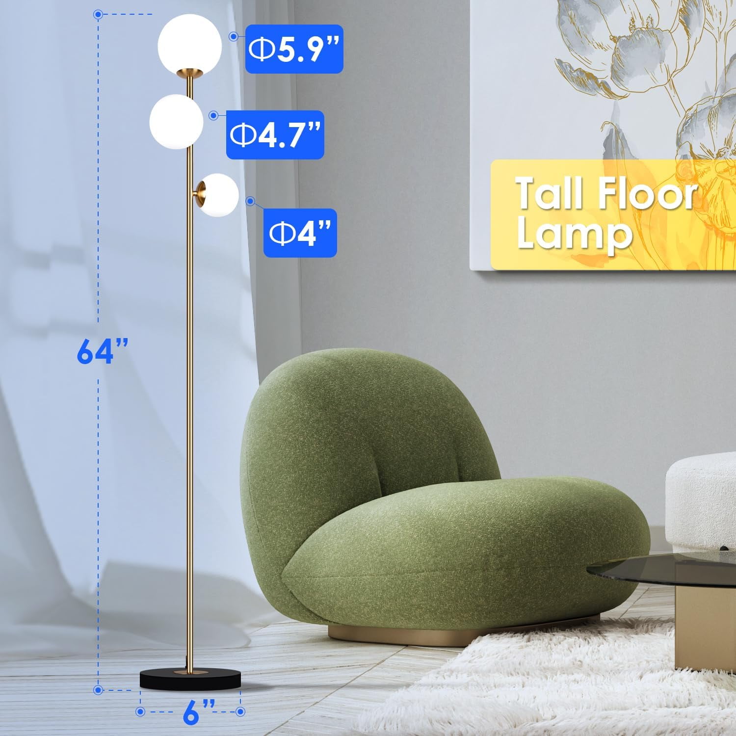 3 Globe Eclectic Floor Lamp - 3 Color Options Moderm Floor Lamps for Living Room, Mid Century Standing lamp Home Decor for Bedrooms Office(Matte Black, LED Bulbs Included)