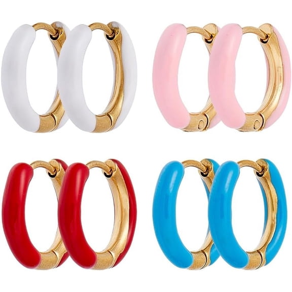 4 Pairs Huggie Hoop Earrings 4 Colors Small Enamel Hoop Earrings 15-16mm Stainless Steel Huggie Hoop Earring Cute Statement Earrings Round Hoop Earrings for Women Jewelry
