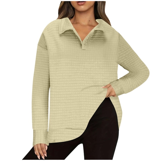 Timegard Tops for Women Lapel V Neck Drop Shoulder Blouse Fall Casual Solid Color Long Sleeve Tops