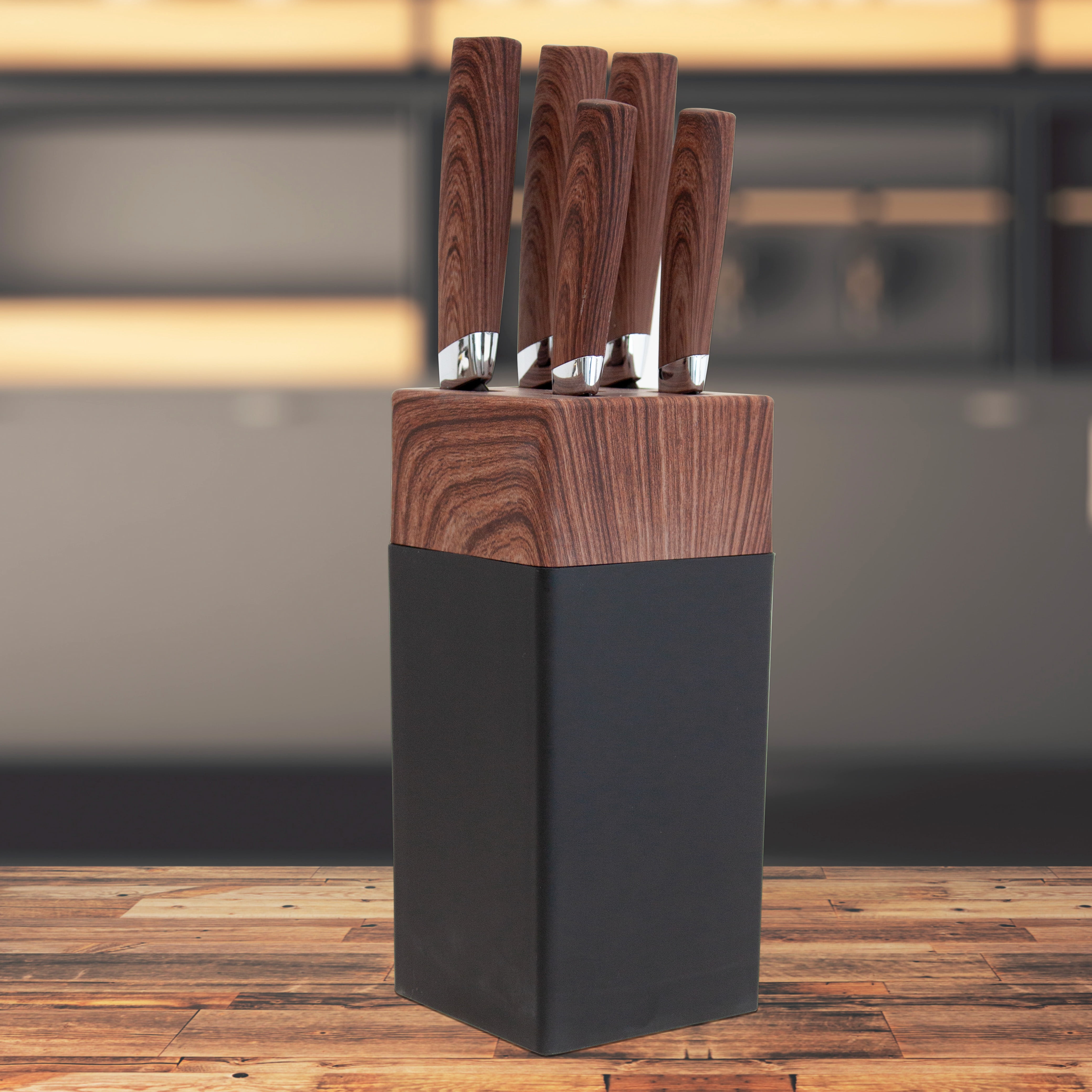 JS Gourmet 5 Piece Stainless Steel Black Knife Set with Storage Block for Kitchen