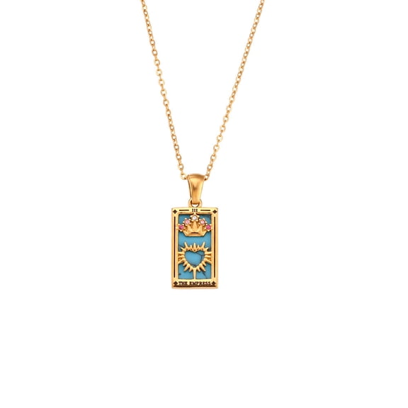 2pc Rhinestone Tarot Card Pendant Necklace with Enamel Golden Stainless Steel Jewelry for Women The Empress III 19.69 inch(50cm)