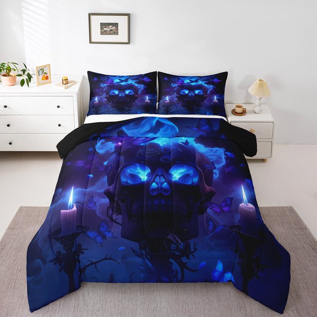 Gothi Sugar Skull Down Comforter Smog Skeleton Comforter Set Full,Extoic Butterfly Painting Bedding Set Kids Goth Bone Quilt Set,Blue