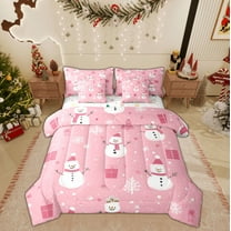 Feelyou Winter Pink Snowman Twin Bedding Sets 7-Piece, Merry Christmas Bedding Comforter Set, Western Festival Holiday Reversible Sheet Sets, Breathable Home Decor