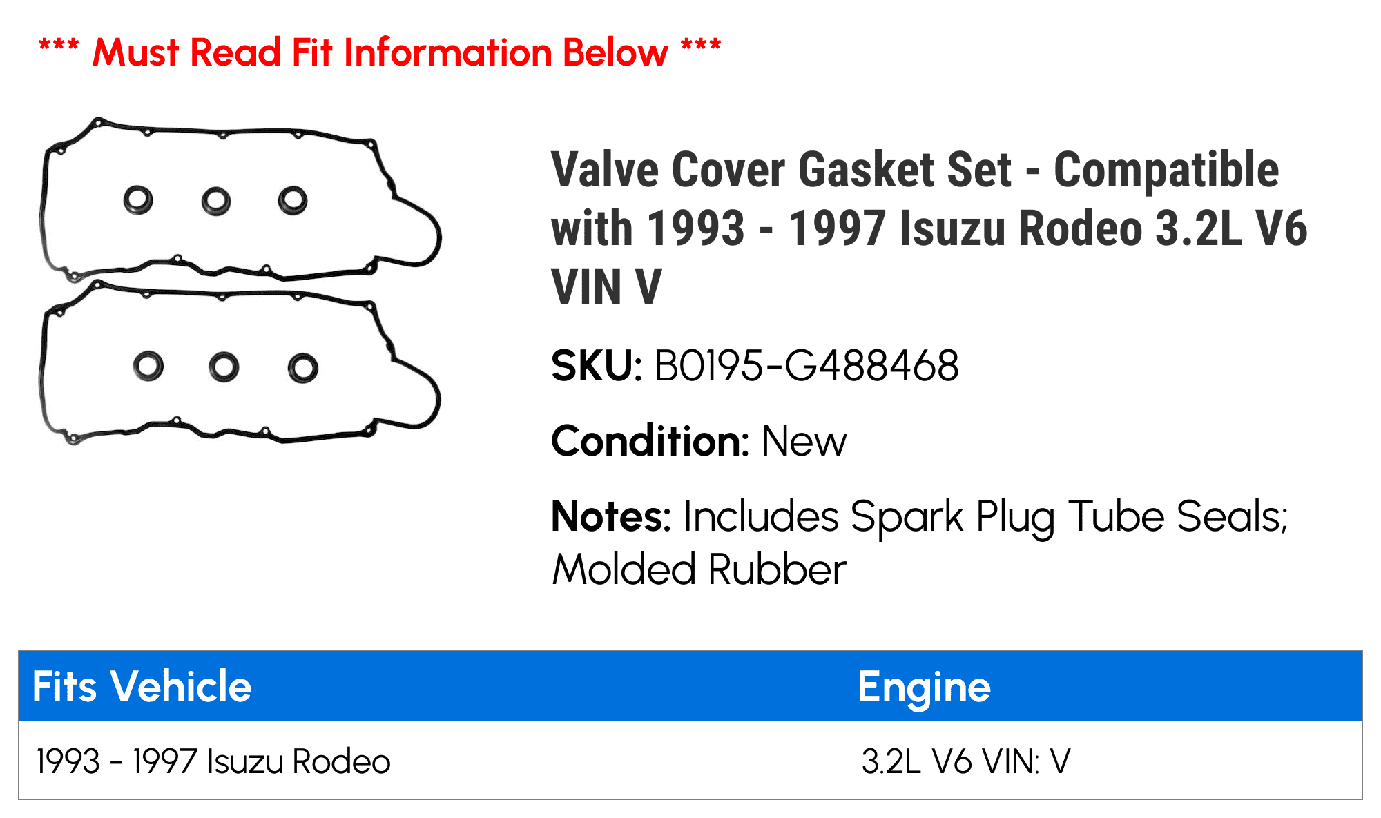 Valve Cover Gasket Set Compatible with 1993 1997 Isuzu Rodeo 3.2L V6  VIN V 1994 1995 1996