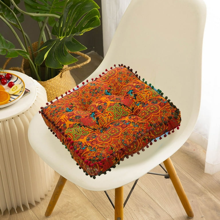 Moroccan Printed Square Chair Pads Cotton Linen Soft Comfort Chair Cushion Colorful Pompom Seat Cushions for Indoor Dining Room and Kitchen Chairs 16.5 16.5