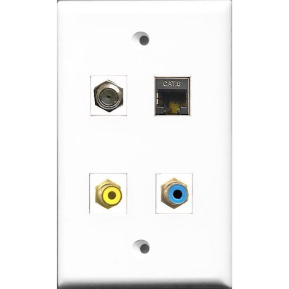 RiteAV 1 Port RCA Yellow and 1 Port RCA Blue and 1 Port Coax Cable TV- F-Type and 1 Port Shielded Cat6 Ethernet Wall Plate