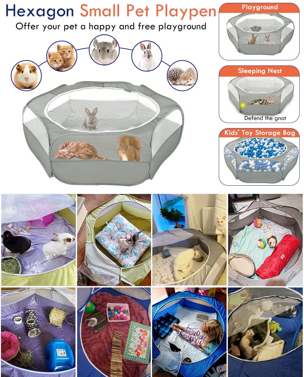 Pawaboo Small Animals Playpen, Breathable & Waterproof Small Pet Cage Tent with Zippered Cover, Portable Outdoor Yard Fence for Kitten/Puppy/Guinea Pig/Rabbits/Hamster/Chinchillas, Light Gray