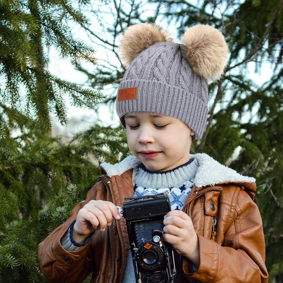 BLTIBY Winter Double Pom Beanie Hats Detachable Fur Ball Cute Cap Warm Soft Cable Knit Hat with Ears for Girls Boys Gray One Size