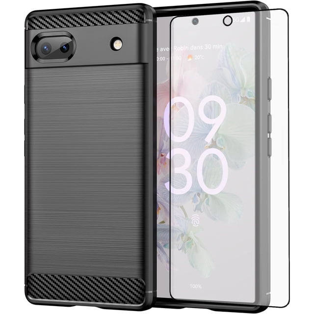 MYKOMI Phone Case for Google Pixel 6A 5G 2022 with Tempered Glass Screen Protector Cover and Slim Thin Soft TPU Mobile Film Rugged Cell Accessories Protective Pixel6A Women Men Carbon Fiber Black
