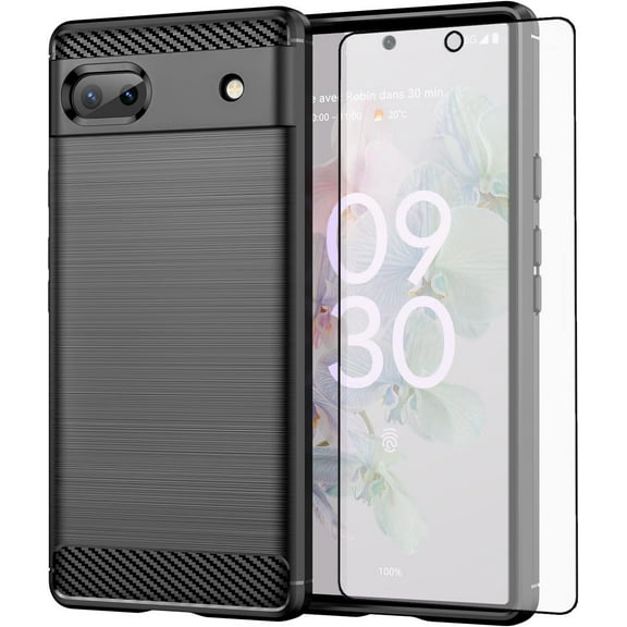 MYKOMI Phone Case for Google Pixel 6A 5G 2022 with Tempered Glass Screen Protector Cover and Slim Thin Soft TPU Mobile Film Rugged Cell Accessories Protective Pixel6A Women Men Carbon Fiber Black