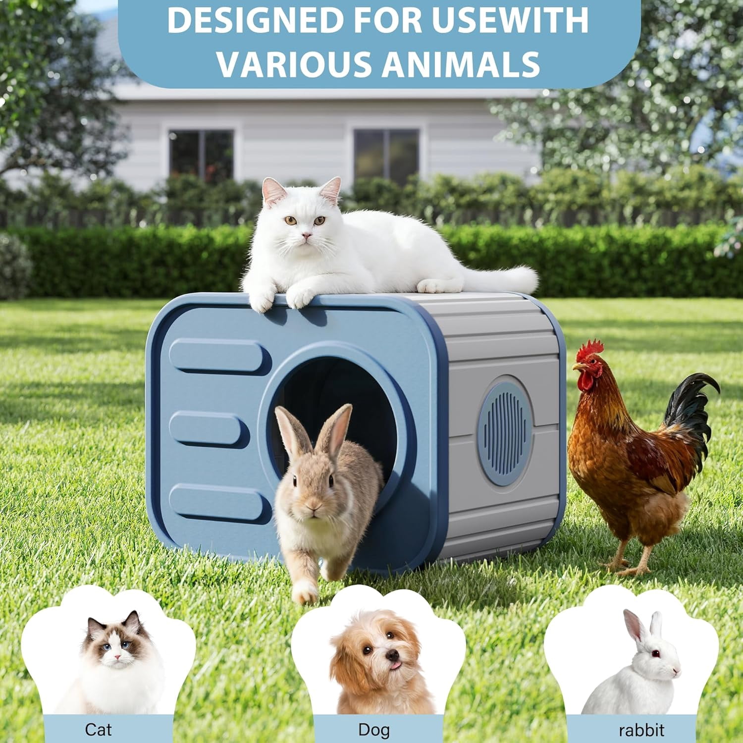Cat Houses for Outdoor Indoor Cats, Insualted Outdoor Cat House Weatherproof with Camera-Shaped Design, Sturdy Resin Shelter for Patio, Garden Blue