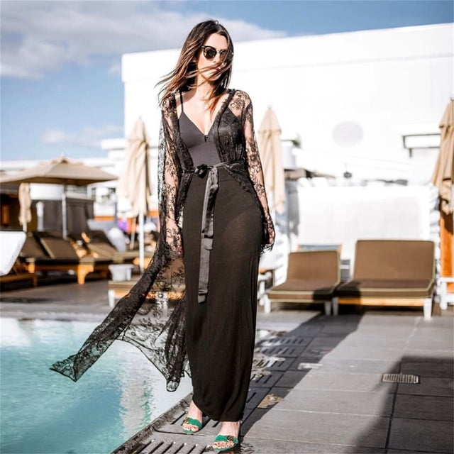 SAYOO Blusa de mujer encaje cardigan largo color sólido manga larga playa transparente SAYOO moda