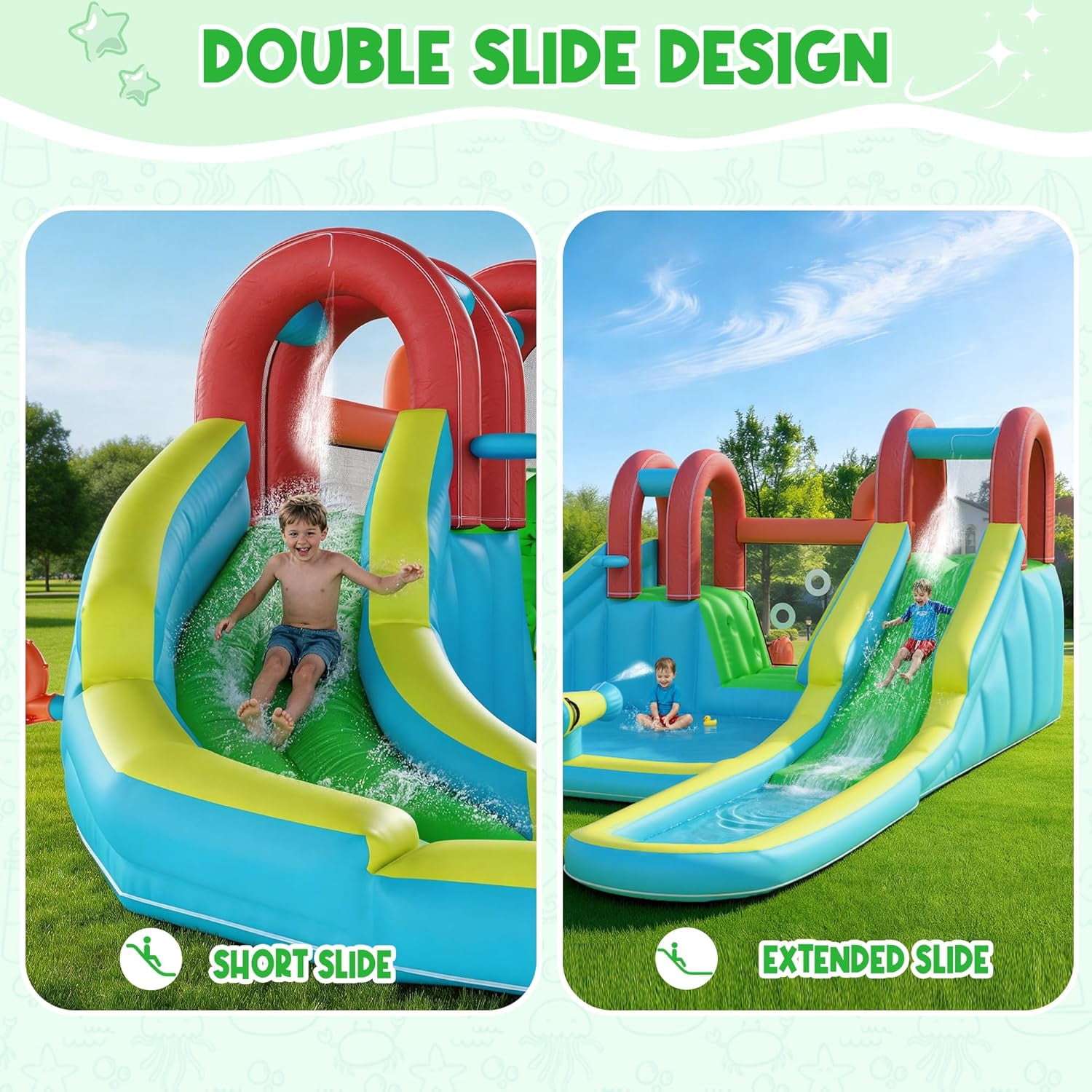 Inflatable Water Slide,10 in 1 Double Water Slide Bounce House for Kids 3-12 with Blower, Splash Pool, Water Cannon, Climbing Wall, Basketball Hoop for Kids Indoor Outdoor Backyard