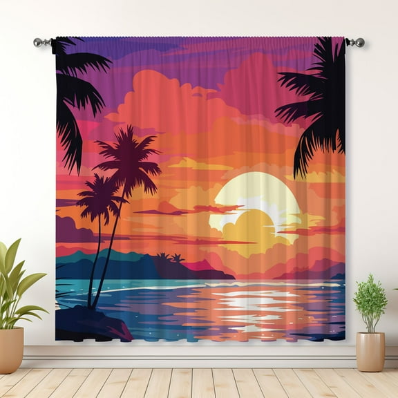 Modern Simple Curtains, Beach Sunset Print Curtains For Bedroom Decoration(Rod pocket)