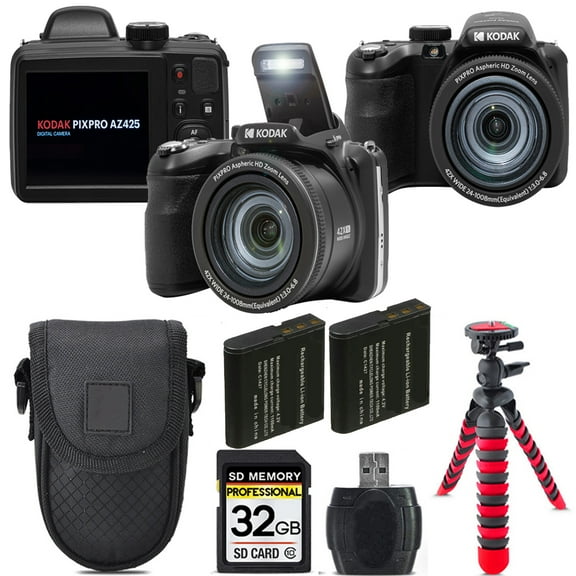 Kodak PIXPRO AZ425 Digital Camera (Black)   Extra Battery  Tripod   Case -32GB Kit