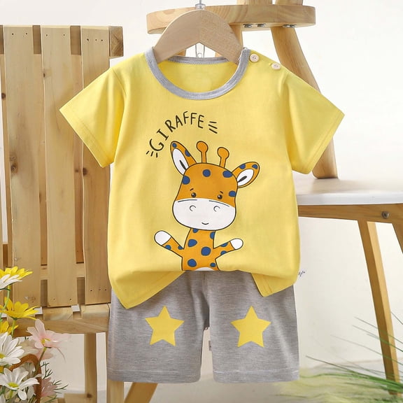 Babcutegg Kids Summer Cotton Short Sleeve Round Neck Top & Shorts Set – Toddler Boy and Girl Matching 2-Piece Casual Outfit Multicolor Size 7-8