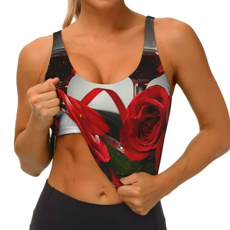 Qokaie Red Wine Rose Pattern Womens Scoop Neck Sports Bra Breathable Workout Vest Padded U Back Medium Impact Fitness Gym Yoga Bra Workout Crop Top