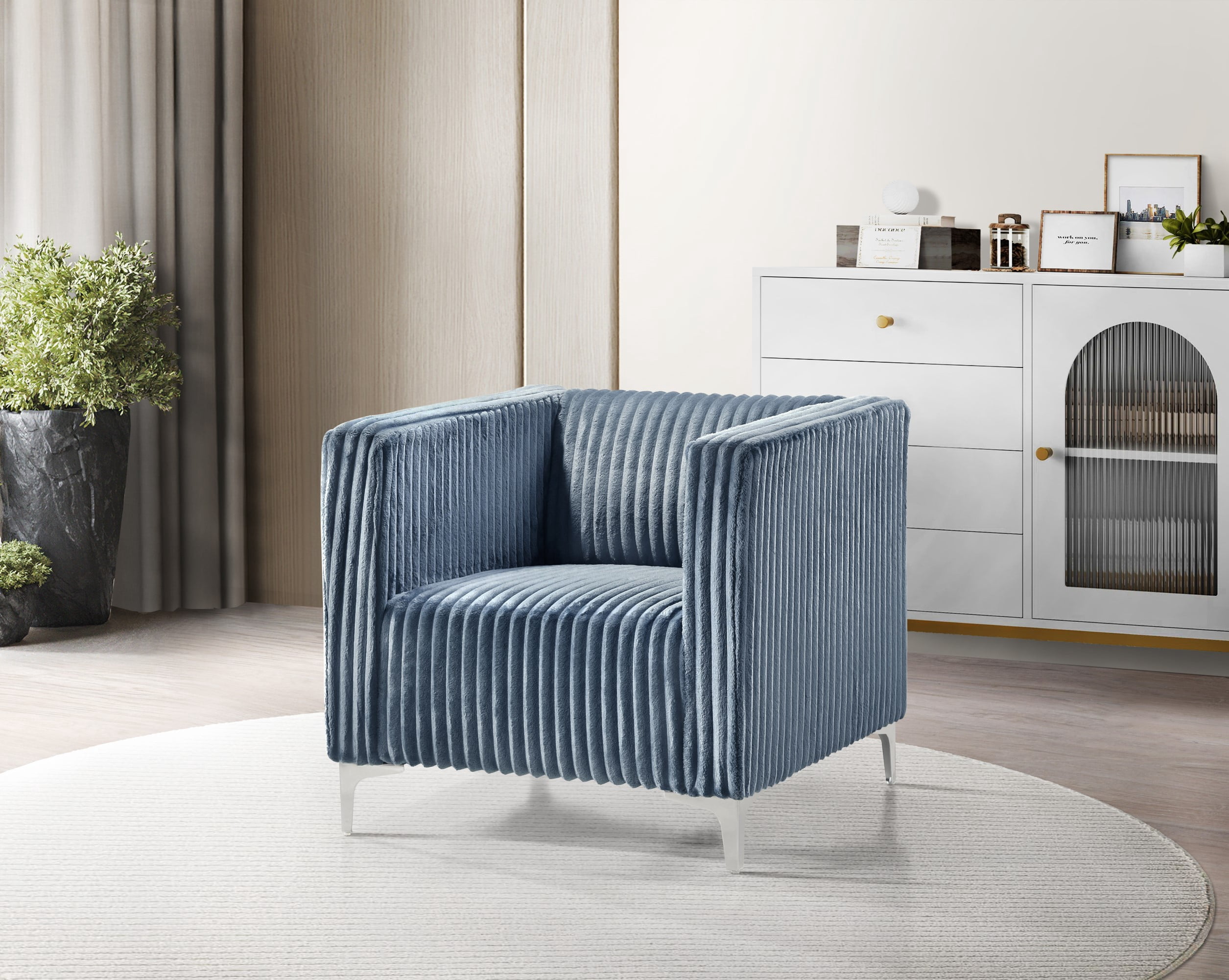 Home Design Gavin Velvet Square Arm Chair with Plush Cushions and Modern Upholstery, Durable Frame for Living Room, Contemporary Blue Design