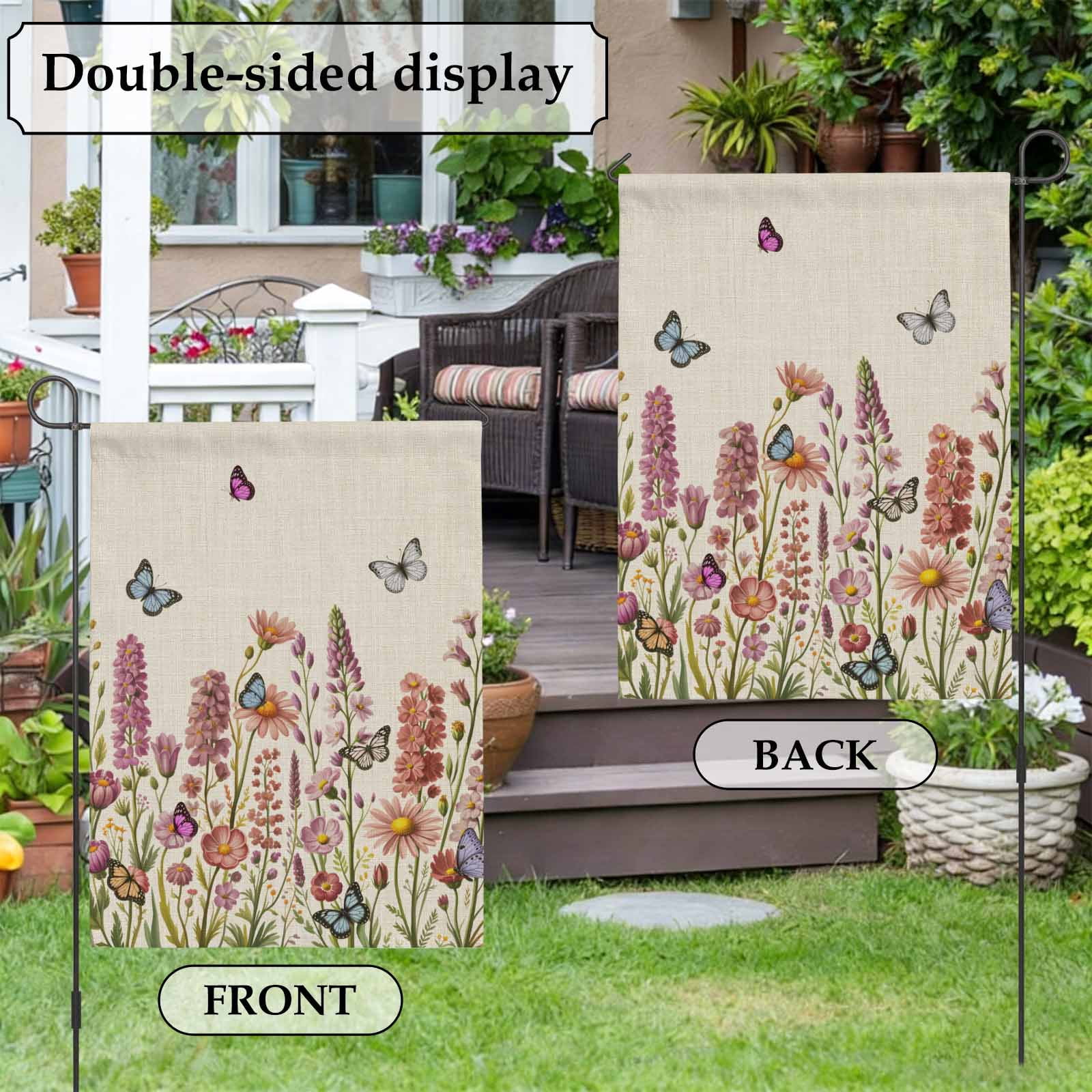 Beige Floral House Flag 28 x 40 Inches, Spring Lavender Wildflowers Blue Butterfly Botanical Linen Texture Weather Proof Outdoor Patio Flags Double Sided Small House Decor for Yard Lawn Outside Home