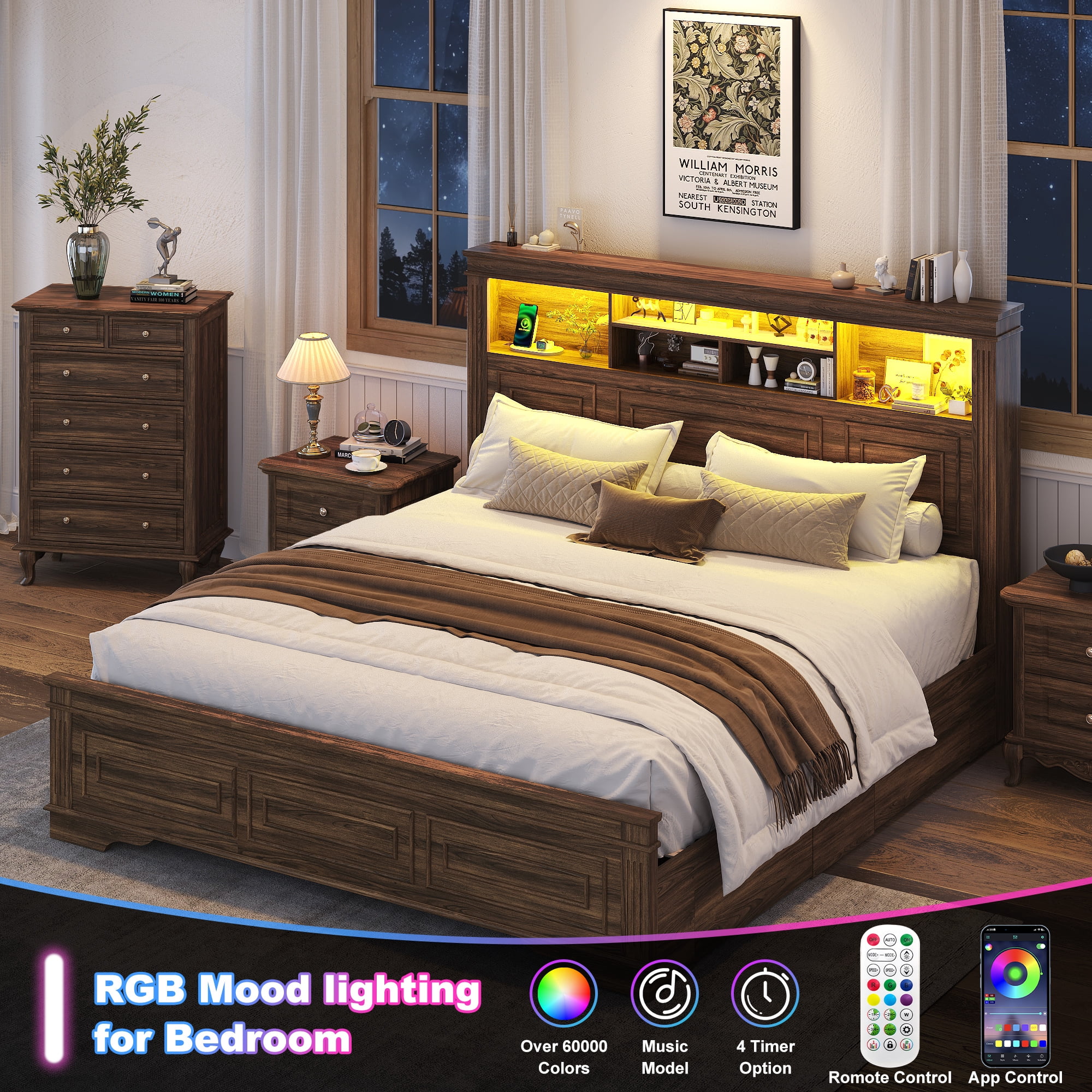 ANPOO Farmhouse King Size Bed Frame with 51" Tall Headboard & 4 Drawers, King Bed Frame and Headboard with LED Lights & Charging Ports, No Box Spring Needed, Wooden, Rustic Brown