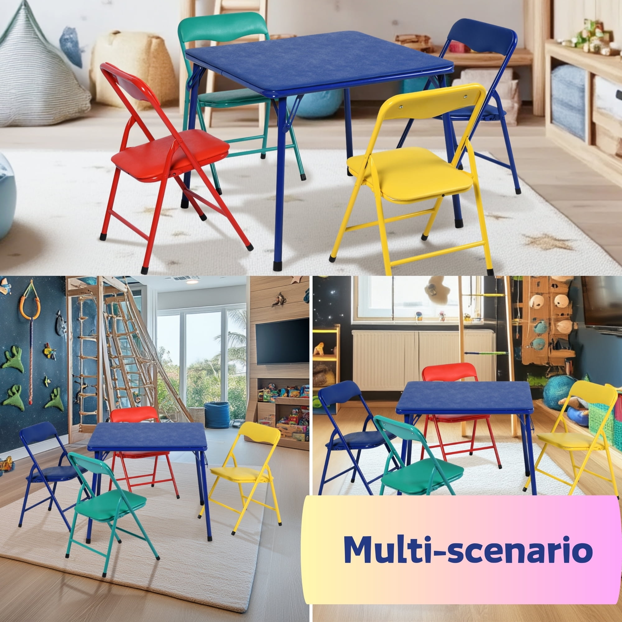 Kids 5-Piece Folding Table and Chair Set, Multicolor – Includes Blue Table and Red, Yellow, Green, Blue Chairs