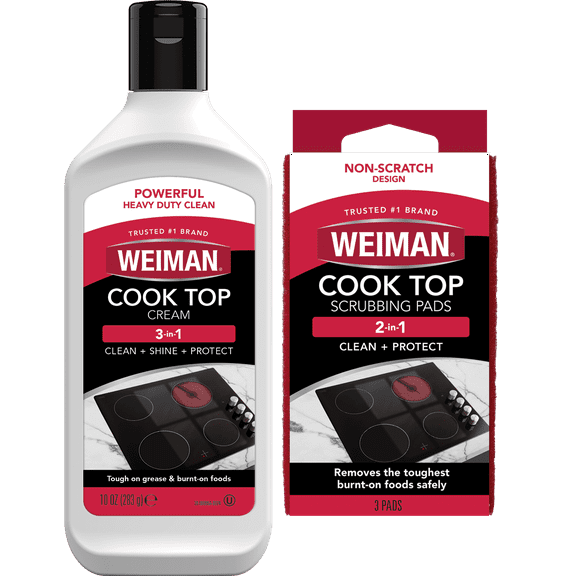 Weiman Ceramic and Glass Cooktop Cleaner - Heavy Duty Cleaner and Polish (10 Ounce Bottle and 3 Scrubbing Pads)