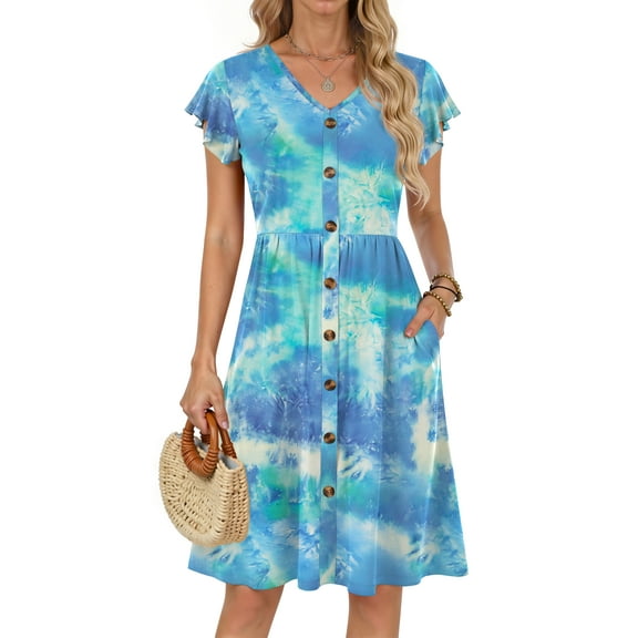 Fantaslook Women Summer Dresses V Neck Ruffle Sleeve Casual Flowy Sundresses Button Floral Midi Dress with Pockets