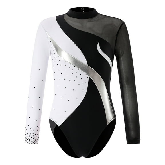 Alvivi Kids Girls Long Sleeve Mesh Splice Gymnastic Ballet Dance Leotard Bodysuit Sports Activewear White&Silver 14