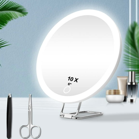Hmggoofa  10x  Magnifying Mirror with Light, Large 6" Rechargeable Lighted 10x  Magnified Mirror with Suction Cups & Table Stand, 3 Color Modes Dimmable Light up