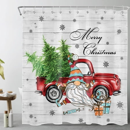 Red Christmas Truck Shower Curtain, Snowflake Christmas Tree and Funny Gnome on Rustic Grey Wood Board Bathroom Shower Curtain Farmhouse Christmas Polyester Fabric Decor Curtain with Hooks, 72X78 inch