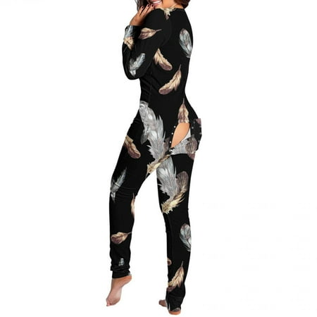 

Jumpsuit for Women V Neck Button Down Long Sleeve Printed Bodycon One Piece Romper Casual Soft Jumpsuit Pajamas