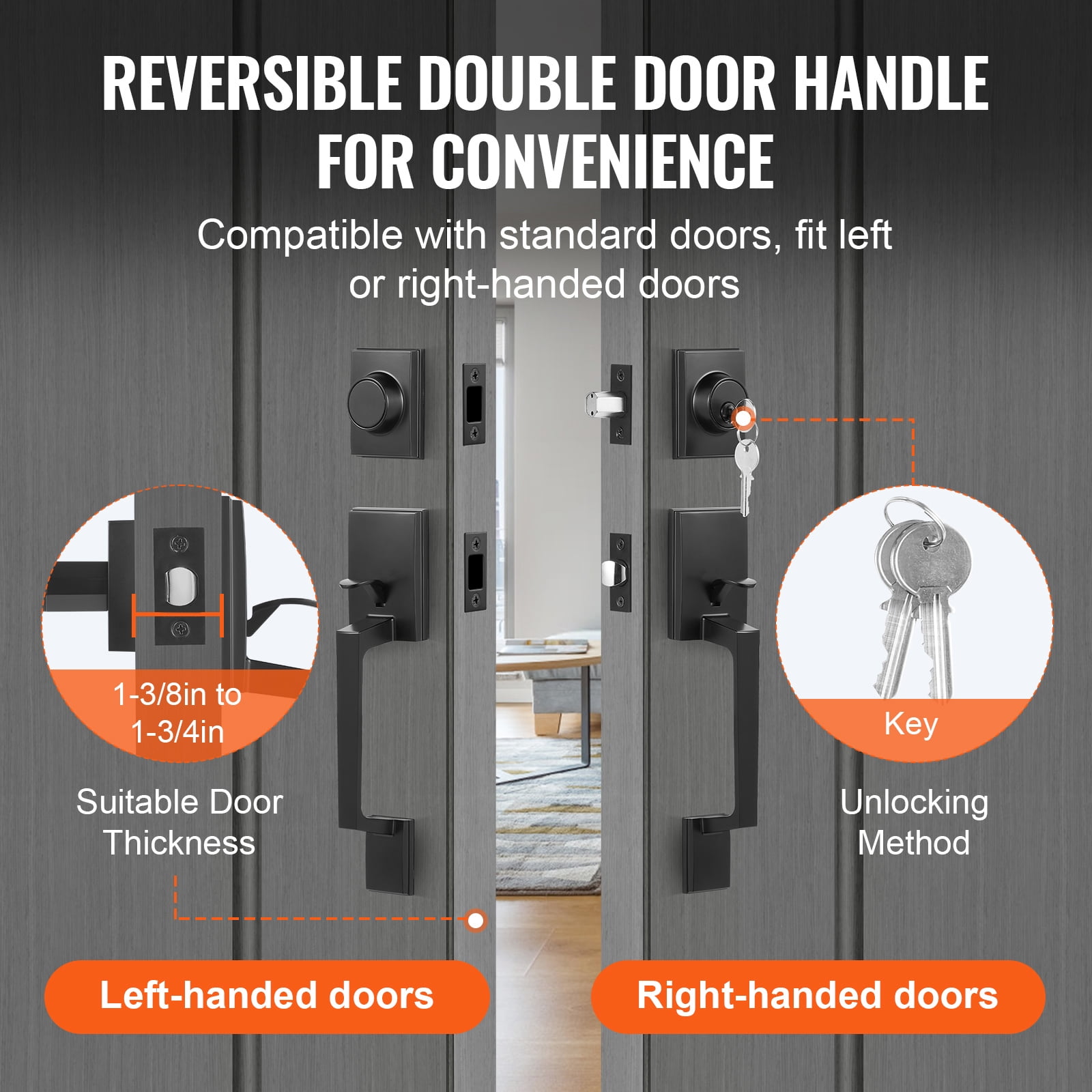 BENTISM Double Front Door Handle Set, Black Double Front Door Handle Set, Heavy Duty Double Door Handle with Dummy, Double Front Door Hardware Set with Reversible Handle Lever