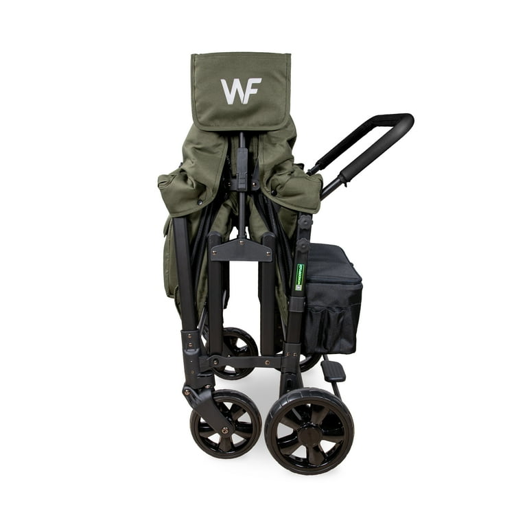 WONDERFOLD W4 4 Seater Multi-Function Quad Stroller Wagon with Removable Raised Seats and Slidable Canopy, Olive Green