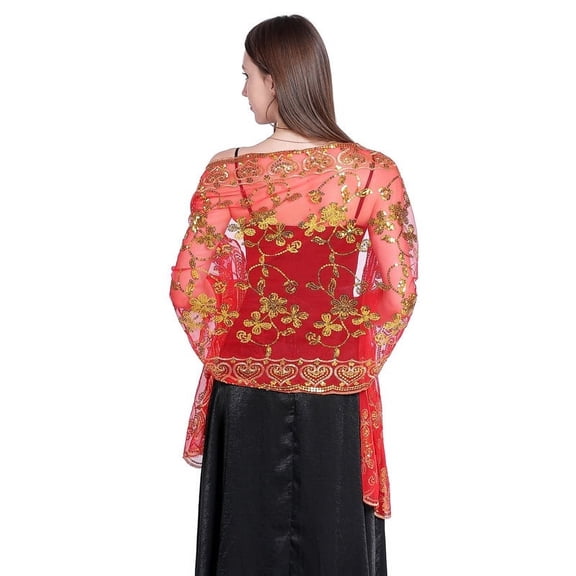 Nvzi Red & Gold chiffon sequin scarf -1 piece, 74.8 × 23.6 inches silky lightweight summer scarf, transparent and breathable, suitable for daily casual wear, beach sunscreen scarf