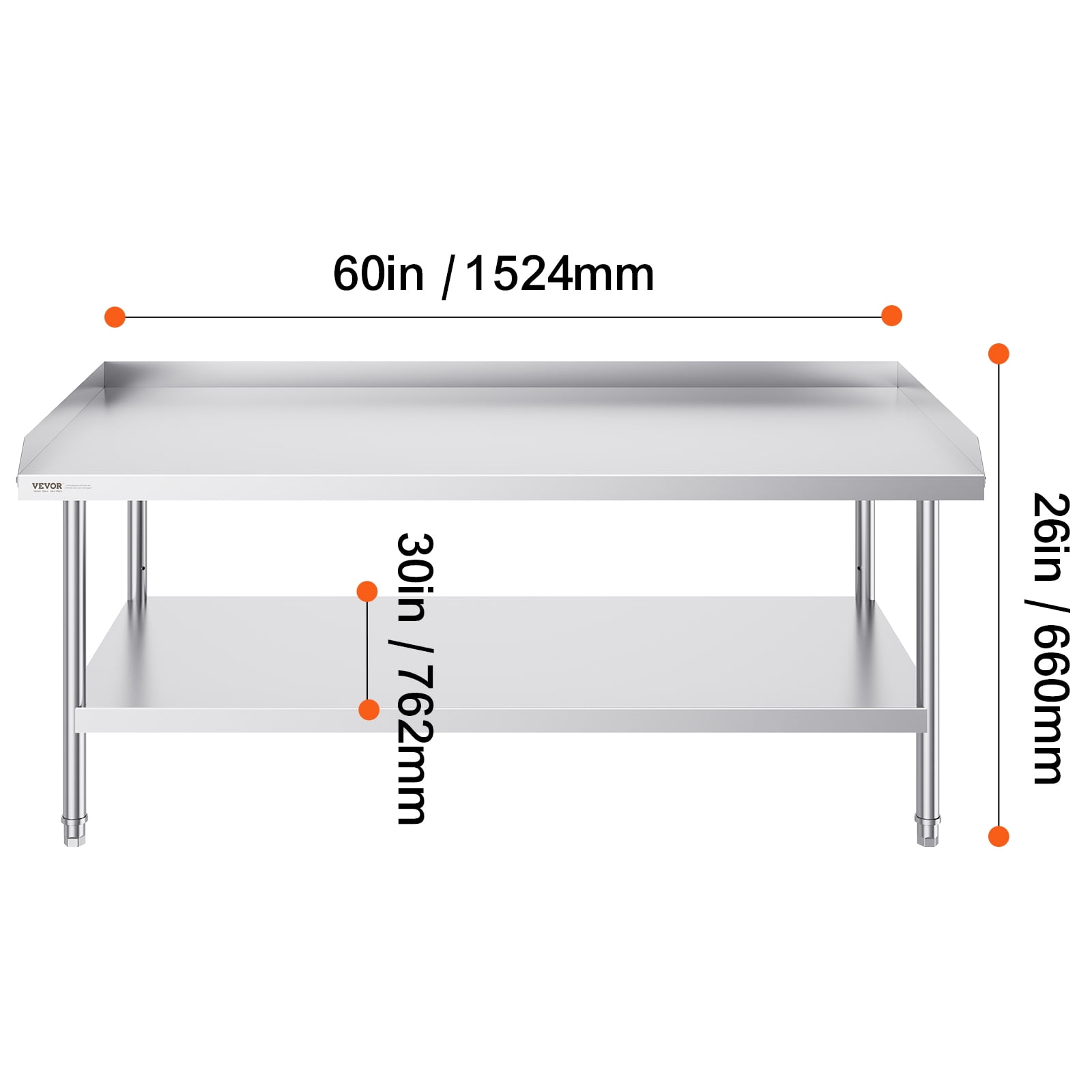 VEVOR Stainless Steel Work Table, 30 x 60 x 26 Inch Commercial Food Prep Worktable, 3-Sided Backsplash Heavy Duty Prep Worktable, Metal Work Table for Restaurant Home Hotel