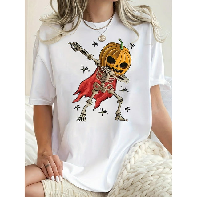 1pc Women'S Casual Crew Neck T-Shirt with Geometric Pumpkin Skeleton Print, Fashionable Short Sleeve Knit Fabric Top, Comfortable All-Season Polyester Tee with Medium Stretch