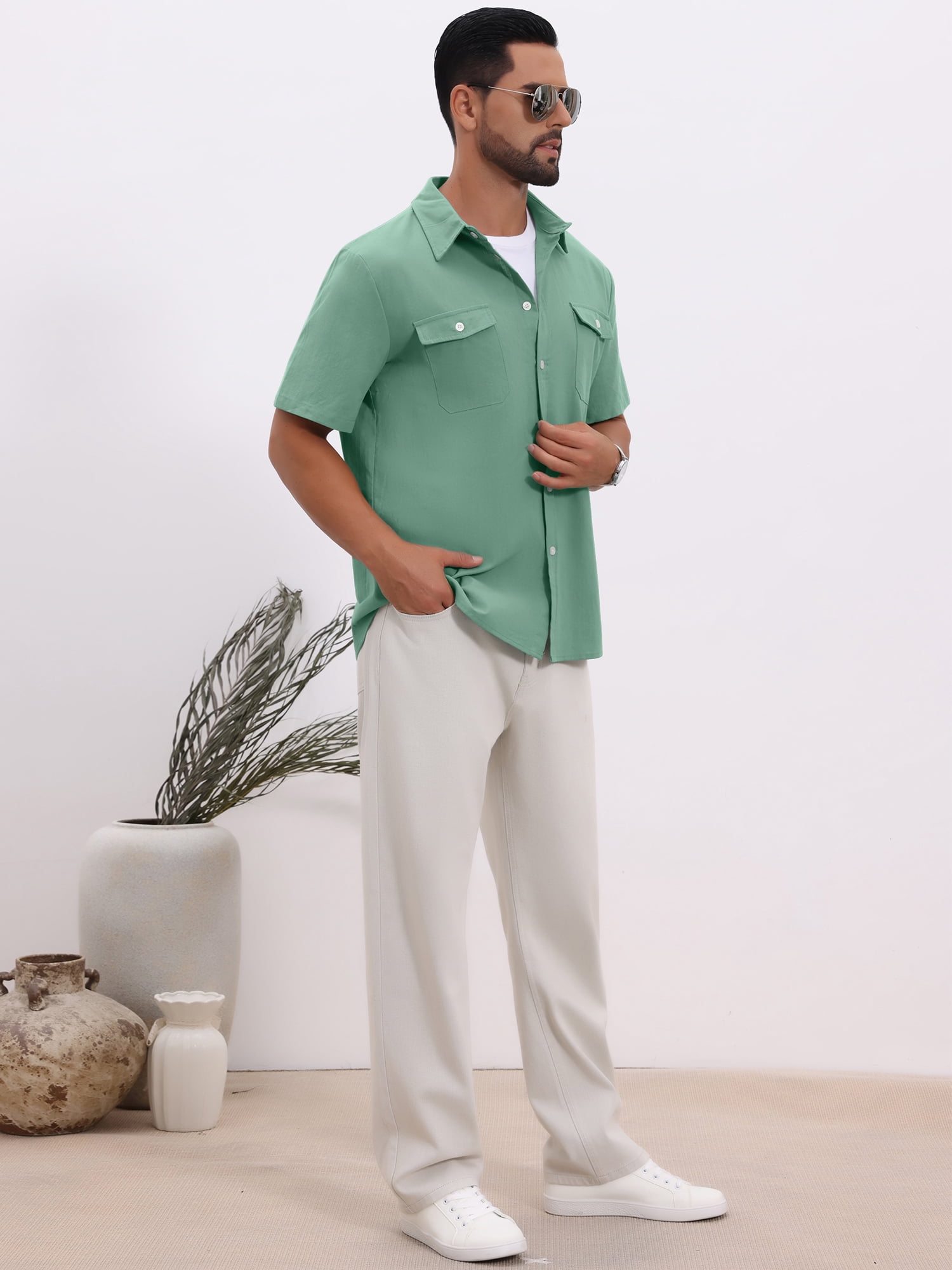 DARING DIVA Men's Linen Chest Pockets Short Sleeves Button Down  Shirt XL Green