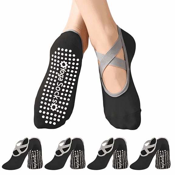 YOMYM Cross Strap Non Slip Yoga Socks for Women, Ballet Style Silicone Grip Pilates Barre Socks, Breathable Anti Skid Low Cut Workout Socks