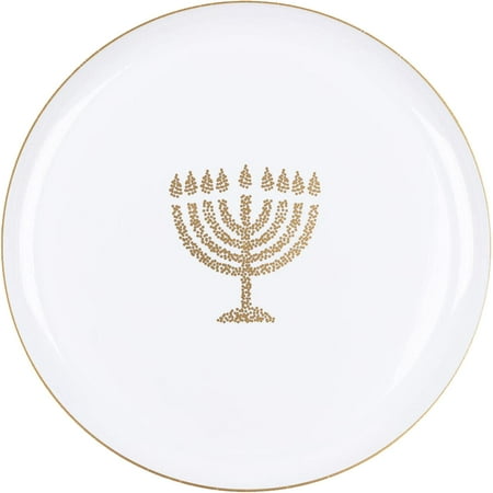EcoQuality 6.3" inch Round Plastic Plates White Hanukkah Dessert Plates with Gold Glitter Stamp Chanukah Menorah Design Hanukkah Party Disposable Salad China Like (20 Pack)