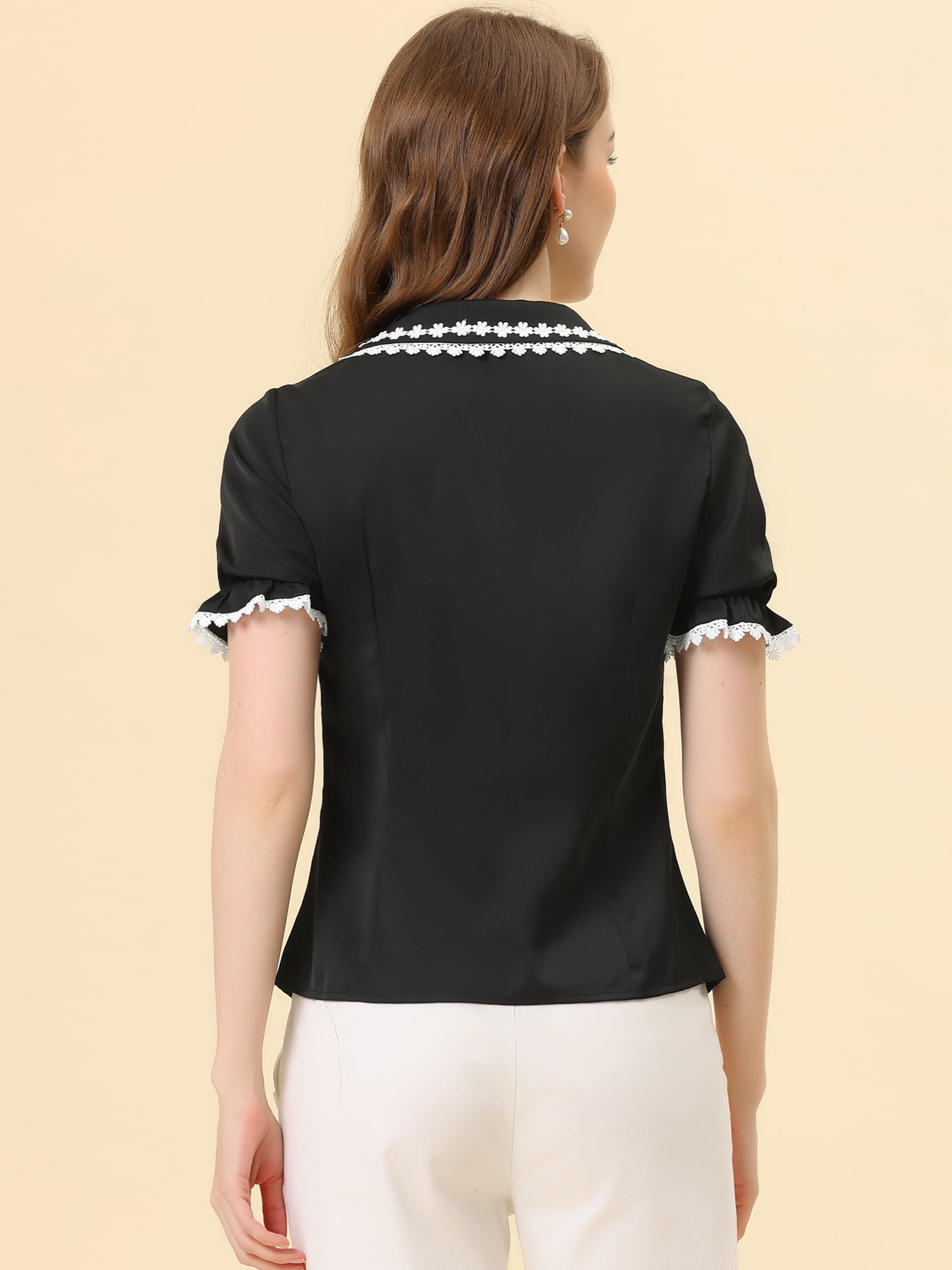 Unique Bargains Women's Sweet Peter Pan Contrast Collar Short Sleeves Blouse Black S