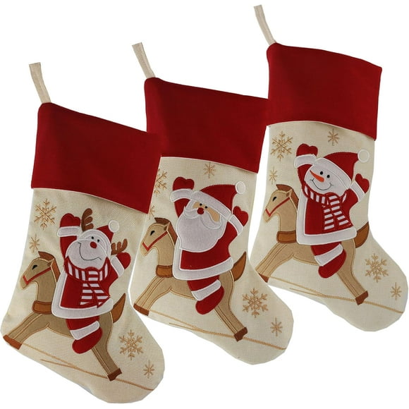 Bstaofy Lovely Christmas Stockings Set of 3 Santa, Reindeer, Snowman Xmas Character 3D Plush Hanging Tag Knit Border 17-Inch (2)