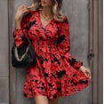 thumbnail image 3 of MORTTIC - Women's Floral Print Lantern Sleeve Dress - A-Line V-Neck Ruched Waist Midi Dress, Loose Fit Casual & Formal Dress with Gathered Detail, 3 of 6