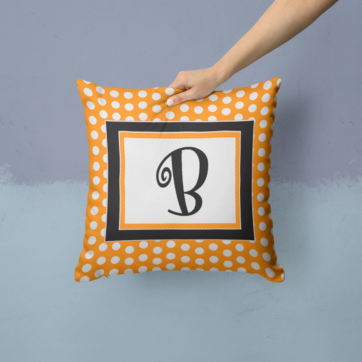 Letter B Initial Monogram - Orange Polkadots Fabric Decorative Pillow