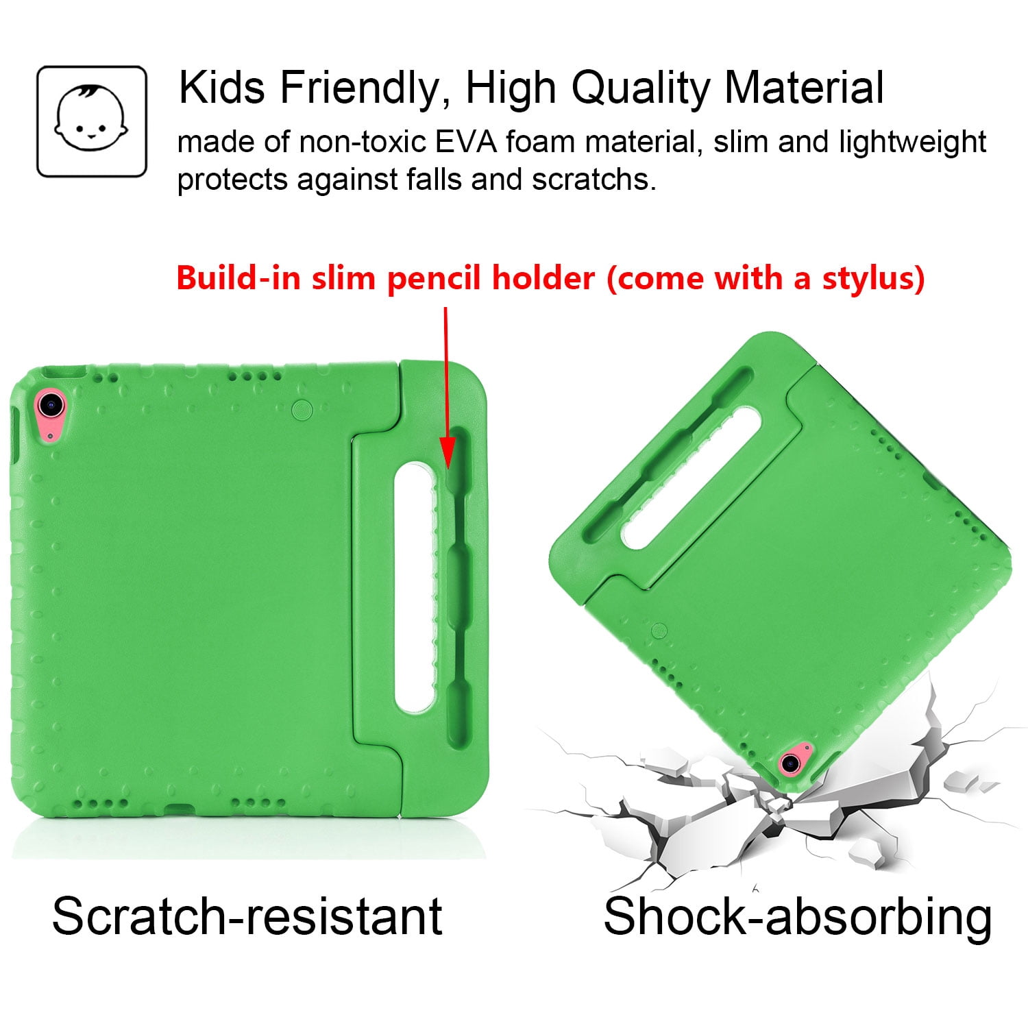 Tarise Kids Case for Apple iPad 10th Generation 10.9 inch 2022 with Pencil Holder/Foldable Convertible Handle/Kickstand Slim Lightweight Kid-Proof Soft EVA Foam Shockproof Rugged Stand Cover, Green