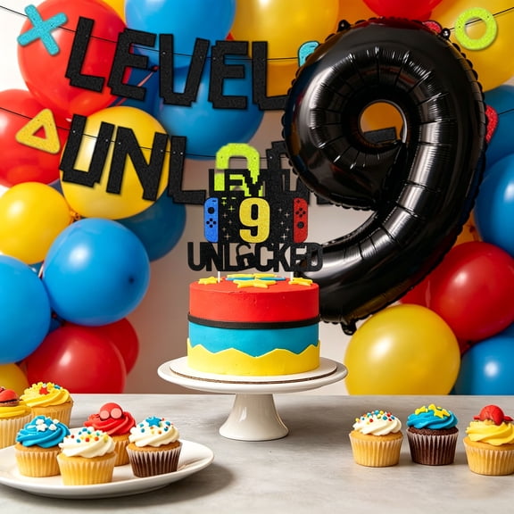 Level 9 Unlocked Party Decorations Set - Game Theme Birthday Decor with Balloons, Banner & Cake Topper