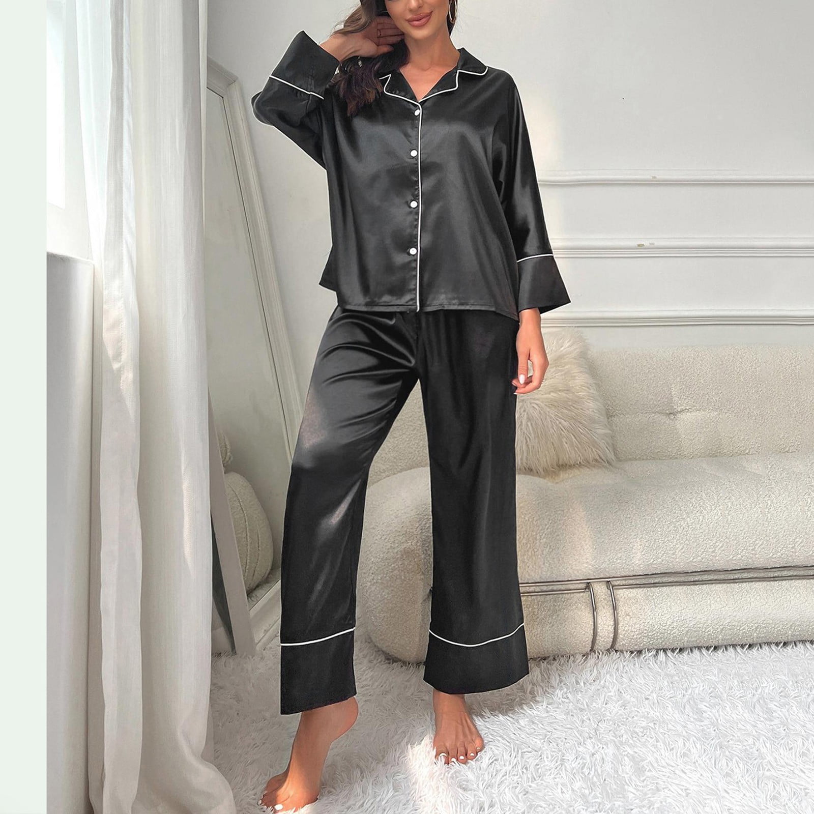 CAICJ98 Silk Pajamas Women s Classic Button Down Long Satin Silk Pajama Set Sleeping Clothes for Women XL Black Walmart