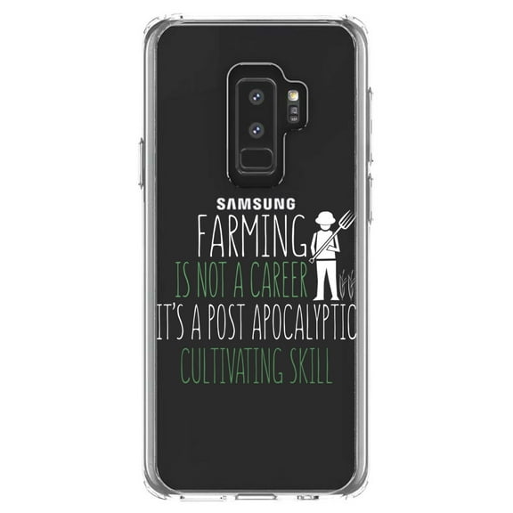 DistinctInk Clear Shockproof Hybrid Case for Samsung Galaxy S9  PLUS (6.2" Screen) - TPU Bumper Acrylic Back Tempered Glass Screen Protector - Farming is Not a Career Post Apocalyptic Skill